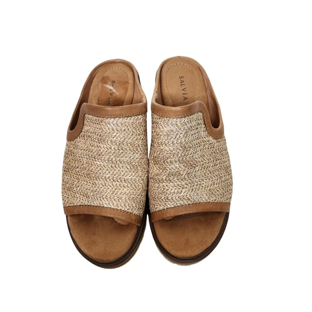 SALVIA Harper Sandals Womens 9-9.5 40 Beige Raffia Leather Slide Lug Sole Shoes